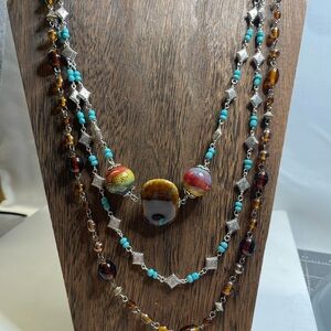 Blue and Brown Beaded Necklace with Intricate Design